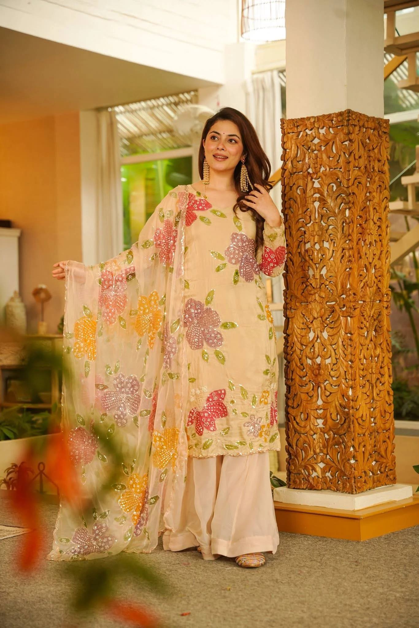 Urban Cream Pastel-Embroidered Sharara Set